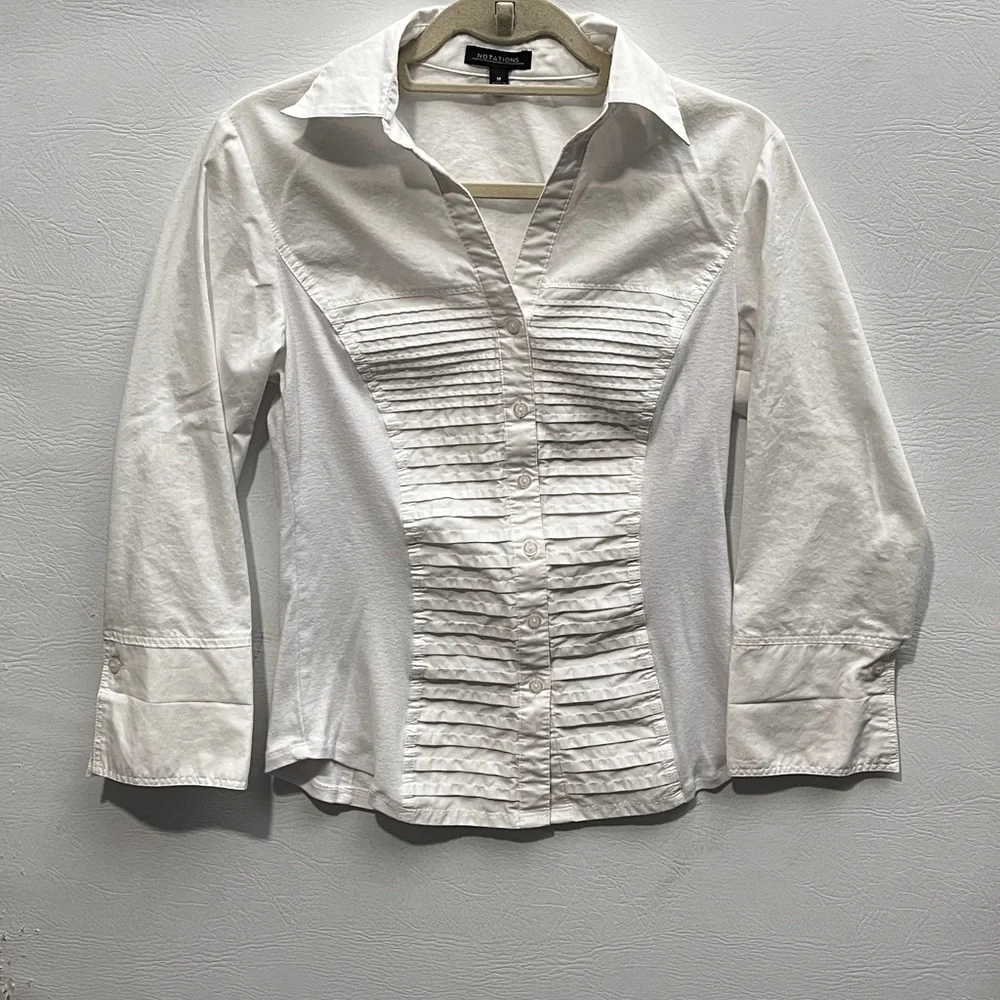 Notations Romantic Victorian White Pleated Front Button-Down Shirt Medium